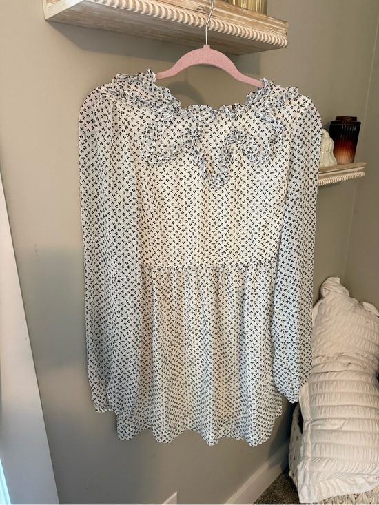 Free People Dresses & Skirts - Free People Size 2 Ivory Black Print Ruffle Long Sleeve Boho Mini Dress